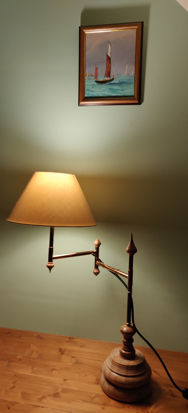 Swing arm lamp, copper and wood