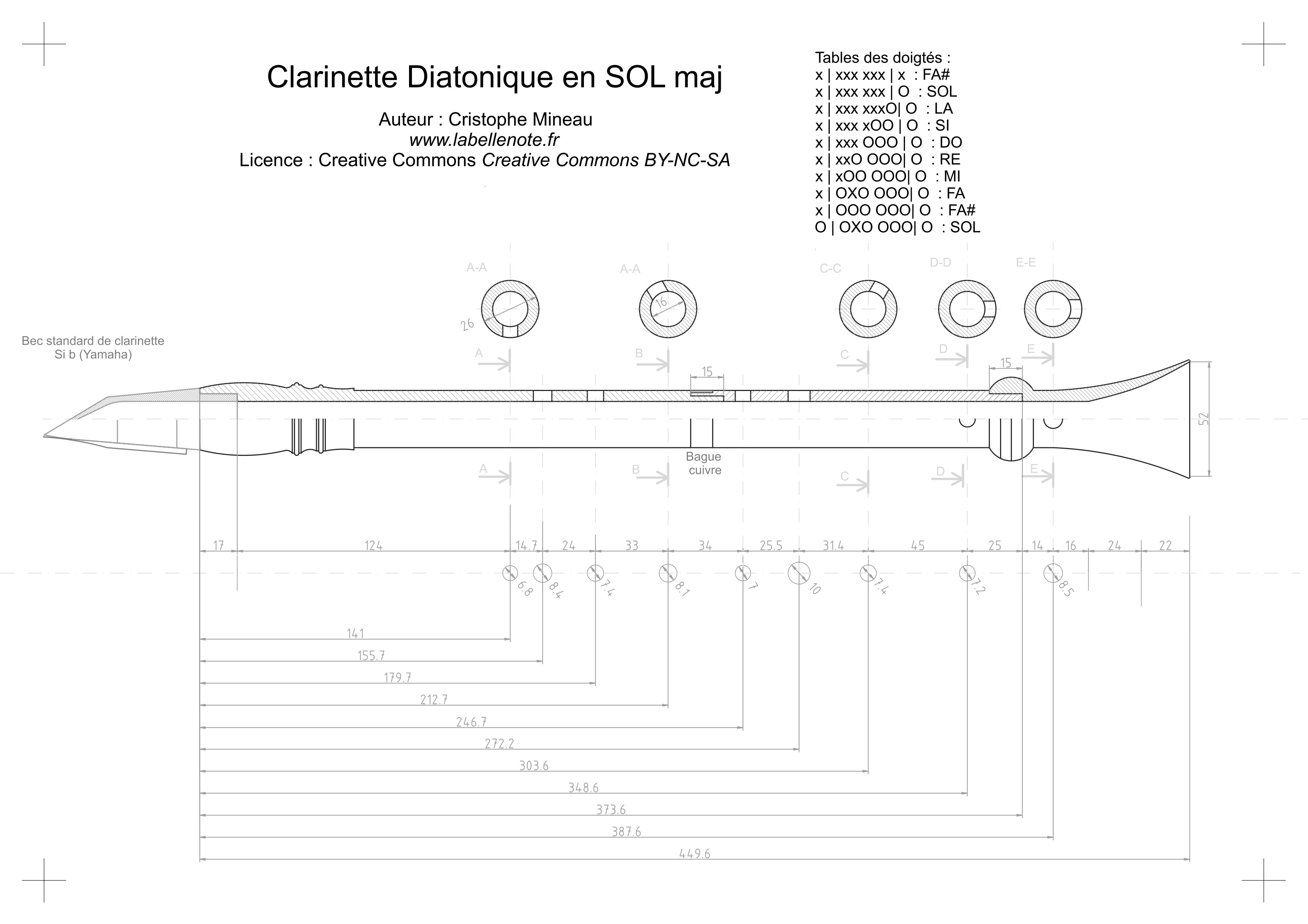 The plan of my diatonic clarinet in the key of G