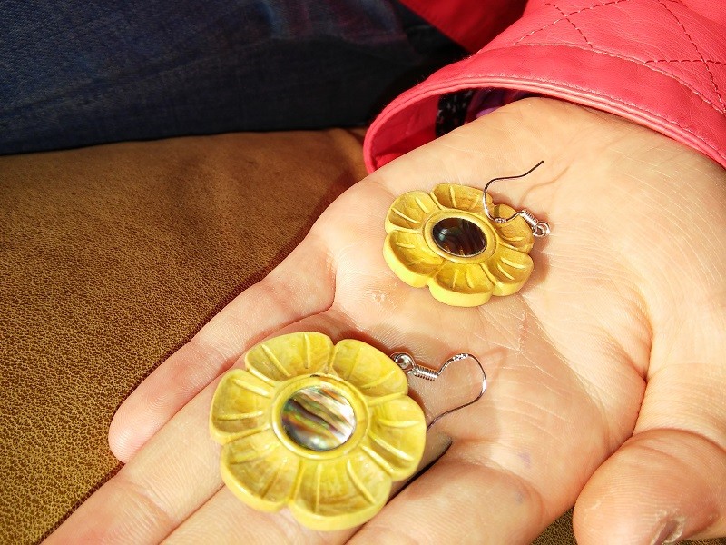'Flower' earings turned ad carved out of boxwood and Paua pearl. Designed by my daughter Capucine.