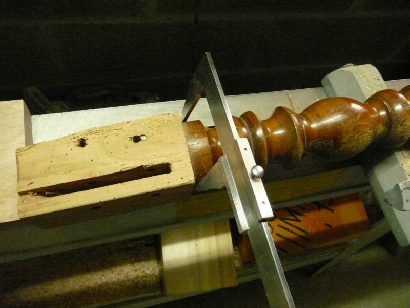 I will have to put the leg on the lathe and will have to work the end on the tailstock side; I will have to use my homemade steady rest. The difficulty is how to set up the steady rest. I measure the diameter  where the ball bearings will apply.