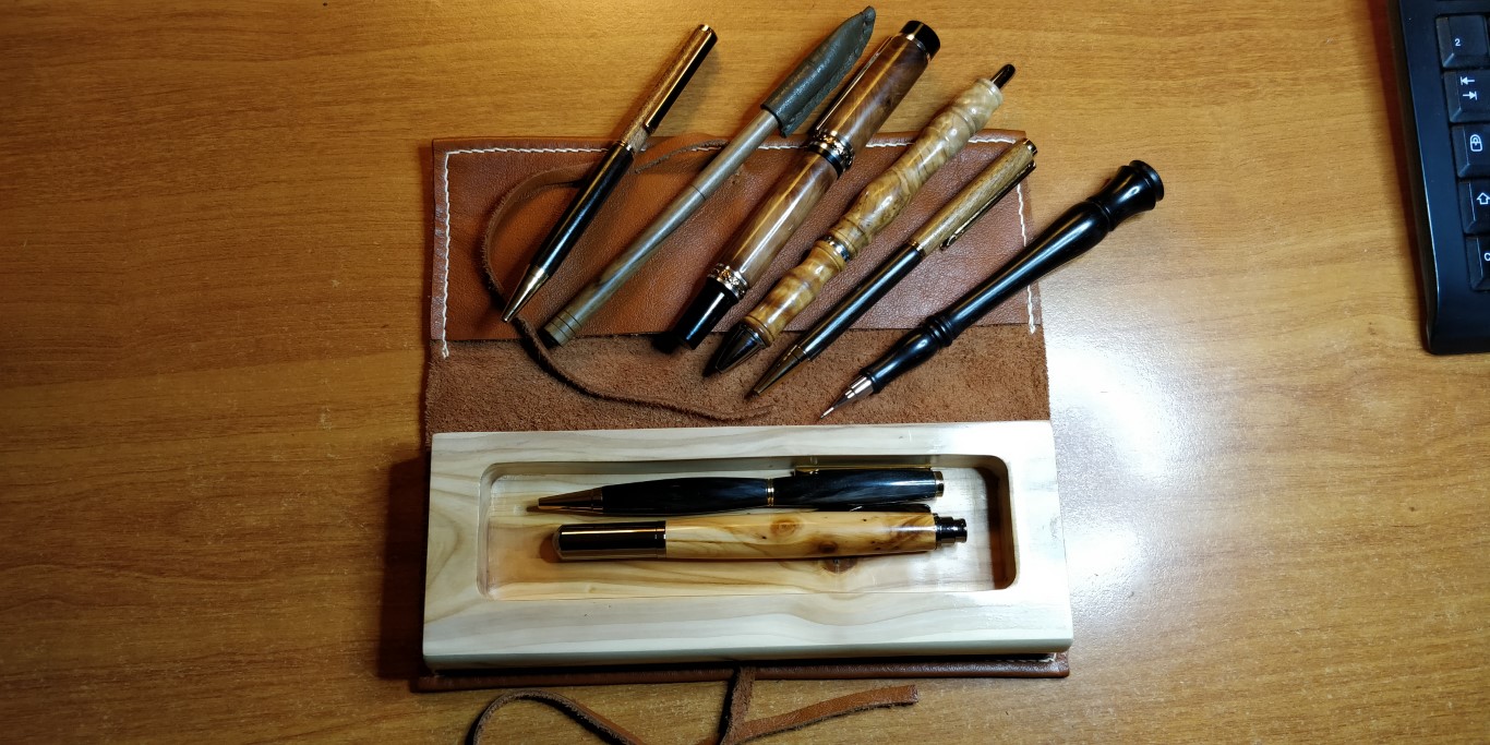 With a sample of my homemade pens.